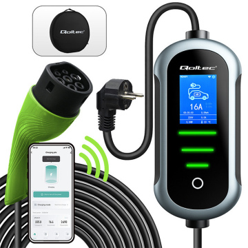 Mobilná nabíjačka Qoltec pre elektromobily s reguláciou 2v1 Typ2  3,5 kW 230 V  Wi-Fi  TUYA SMART LIFE  LCD Prenosná  5 m